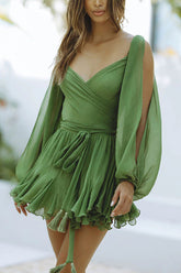 Chiffon Long Balloon Slit Sleeve Back Lace-up Mini Dress